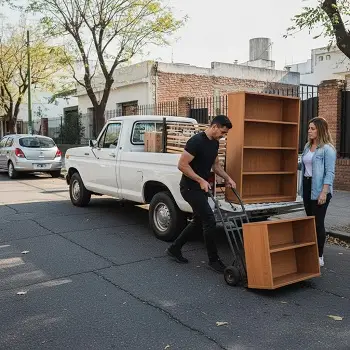 Empleado de empresa de fletes descargando los muebles de una camioneta