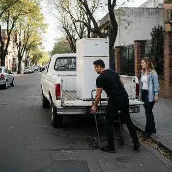 Mujer mirando como el empleado de flete carga una heladera