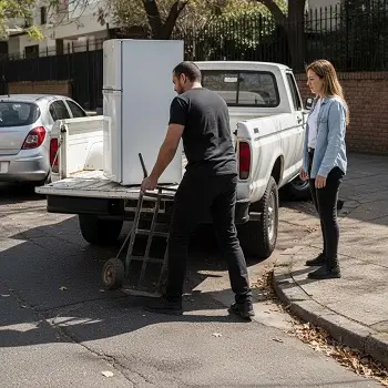 Empleado de empresa de fletes cargando una heladera en la camioneta