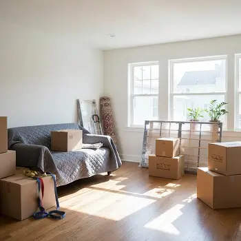 Habitación con cajas y muebles preparados para una mudanza