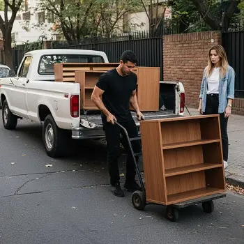 Empleado de empresa de fletes bajando muebles de la camioneta.